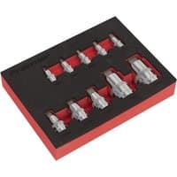 Sealey stubby hex socket bit set with 10 silver pieces in black and red foam tray.