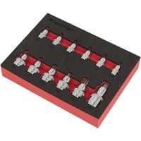 Red and black Sealey socket bit set with 12 stubby TRX-Star bits in foam tray, featuring 1/4", 3/8", and 1/2" drives.