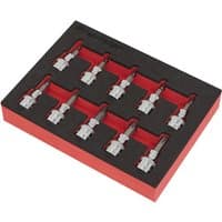 Sealey 10 piece TRX-Star socket bit set in red and black foam tray, featuring silver sockets with hexagonal ends.