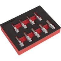Sealey 3/8" Drive 9 piece Metric Hex Key Socket Bit Set in red and black foam tray, chrome finish.