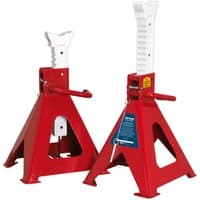 Red Sealey ratchet axle stands with white auto rise mechanism and triangular base, 10 tonne capacity each.