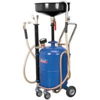 Blue Sealey 35L mobile oil drainer with black funnel, probes, hoses, and wheels for easy transport.