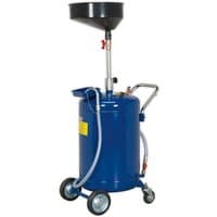 Blue Sealey mobile oil drainer with 110L capacity, air discharge, funnel top, wheels, and handle.