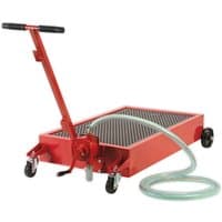 Red Sealey low level oil drainer with black grating, wheels, adjustable handle, and clear hose.