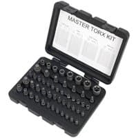 Sealey 52-piece socket set in black case with assorted TRX-Star sockets in 1/4", 3/8", and 1/2" drive sizes.