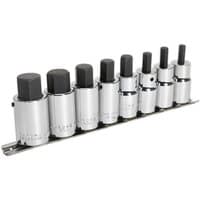 "Sealey 8 piece metric hex bit socket set on metal rail, silver sockets with black hex bits, 1/2 inch drive size"