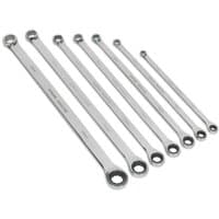 Sealey 7-piece extra-long ratchet/fixed ring spanner set, silver, sizes 8-19mm, sleek design with polished finish.