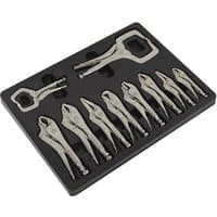 Sealey AK6800 set with 10 silver locking pliers in various sizes, neatly arranged in a black foam tray.
