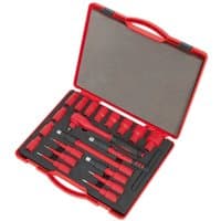 Red Sealey 20-piece insulated socket set in a red carrying case with foam insert, featuring various socket sizes.
