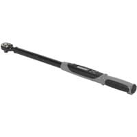Black digital angle torque wrench with 1/2" square drive, LCD display, and ergonomic gray handle.