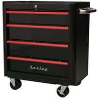 Black and red Sealey rollcab with four drawers, chrome handle, and caster wheels.