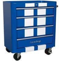 Blue and white Sealey rollcab with four drawers, retro style, metal construction, and swivel casters.