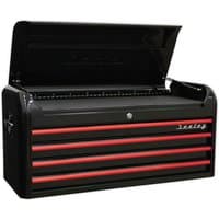 Black and red Sealey topchest with four wide drawers and retro style design, featuring a lift-up lid.