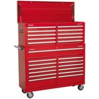 Red Sealey tool chest with 23 drawers, silver handles, and caster wheels, featuring a top compartment with lid.