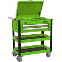 Hi-Vis green Sealey mobile tool trolley with two drawers, lockable top, two shelves, and four caster wheels.