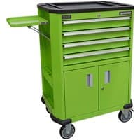 Green Sealey tool trolley with 4 drawers, 2-door cupboard, side tray, and swivel caster wheels.