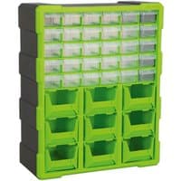Hi-Vis green and black Sealey 39 drawer cabinet with clear front panels and stackable design.