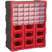 Red and black Sealey APDC39R cabinet with 39 clear-front drawers in various sizes for tool and accessory storage.