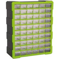 Hi-Vis green and black Sealey APDC60HV cabinet with 60 clear drawers in a grid pattern.