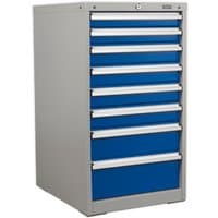 Sealey API5658 mobile cabinet, gray with eight blue drawers and white handles, industrial design.