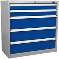 Gray and blue Sealey API9005 Premier 5 Drawer Cabinet with sleek handles and lockable top drawer.