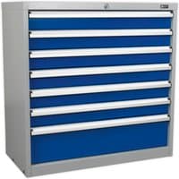 Blue and gray Sealey API9007 Premier 7 drawer industrial cabinet with metal handles and lock.