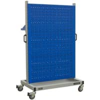 Blue Sealey mobile storage system with perforated panel, side handles, and four caster wheels.