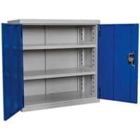 Blue and gray Sealey industrial cabinet with two adjustable shelves and lockable doors, measuring 900mm wide.