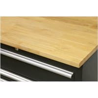 Sealey APMS07 oak worktop, 1550mm, with smooth light wood finish, resting on black modular cabinet with silver handles.