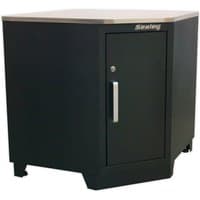 Black Sealey corner floor cabinet with single door, silver handle, and sturdy legs, measuring 930mm.