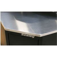 Stainless steel corner worktop with beveled edge, black base, and Sealey logo on the front panel.