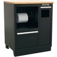 Black Sealey floor cabinet with wood top, paper towel holder, drawer, and vertical compartment with handle.