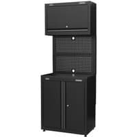 Black Sealey modular cabinet with upper wall unit, perforated back panel, and lower double-door storage.