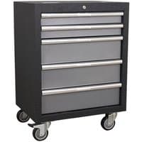 Black and grey Sealey 5-drawer mobile cabinet with lock, silver handles, and four caster wheels.