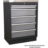 Black and silver Sealey modular cabinet with five drawers and a stainless steel top.