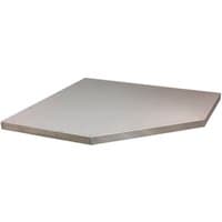 Stainless steel corner worktop with beveled edges, triangular shape, and smooth surface, measuring 865mm.