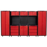 Red and black Sealey storage system with tall cabinets, drawers, and pegboard backing, measuring 665mm.