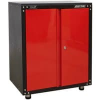 Red Sealey APMS81 modular cabinet with black frame, two doors, and a wooden worktop, measuring 665mm.