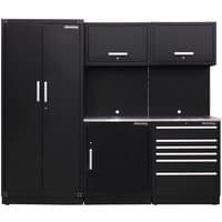 Black Sealey modular storage system with stainless steel worktop, tall cabinet, wall units, and drawers.