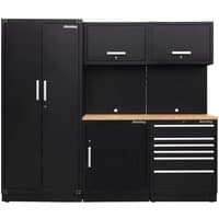 Black Sealey modular storage system with oak worktop, tall cabinet, upper cabinets, and drawers with silver handles.