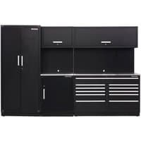Black modular storage system with stainless steel worktop, tall cabinet, wall units, and drawers by Sealey.
