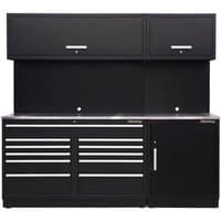 Black Sealey storage system with stainless steel worktop, multiple drawers, cabinets, and overhead compartments.