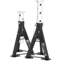 Pair of black and white Sealey 12-tonne axle stands with adjustable height and locking pins.