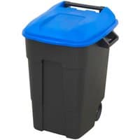 Blue-lidded Sealey BM100B wheelie bin, 100L capacity, black body, two wheels, and a handle for easy maneuvering.
