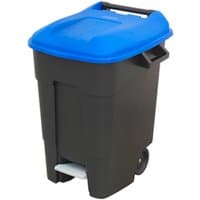 Blue Sealey wheelie bin, 100L, with foot pedal, black body, hinged lid, and two rear wheels.