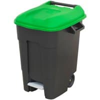 Green Sealey wheelie bin with foot pedal, 100L capacity, black body, two wheels, and a handle.