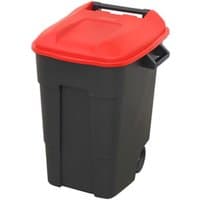 Red Sealey 100L wheelie bin with black body, hinged lid, and rear wheels for easy mobility.