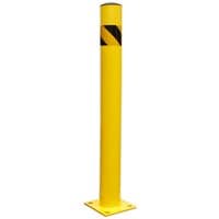 Yellow Sealey safety bollard 1050mm with black diagonal stripes and square base plate.
