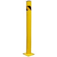 Yellow Sealey BOL1200 safety bollard, 1200mm tall, with black diagonal stripes near the top.