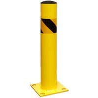 Yellow Sealey BOL600 safety bollard, 600mm tall, with black diagonal stripes and a square base.